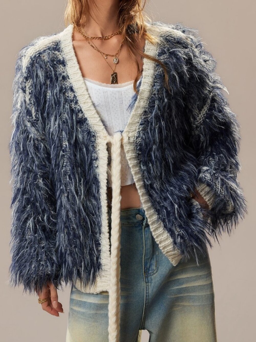 Navy Blue Casual Women's Contrast Faux Fur Fuzzy Cardigan